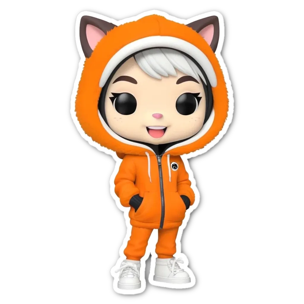 A children wearing a orange and black hoddy with a white face and black hair.