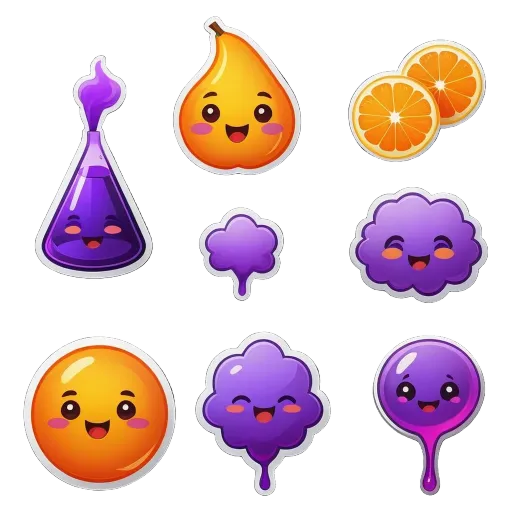 A collection of colorful stickers featuring fruits and other objects.
