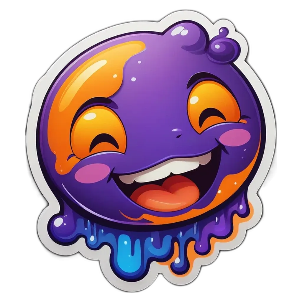 A purple character that is happy has a smiley face and some goo on it.