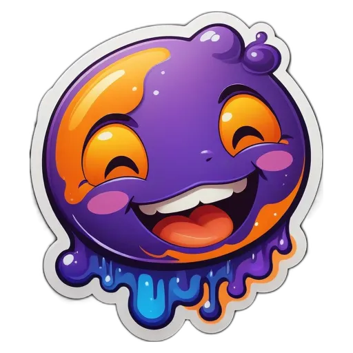 A purple character that is happy has a smiley face and some goo on it.