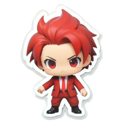 A boy figurine is wearing a red suit and tie.
