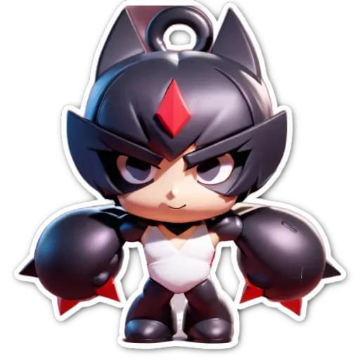 A black and white character from a video game is shown with red eyes and a scowl on his face.