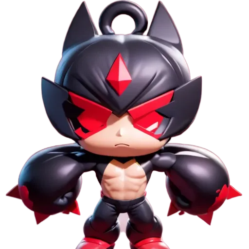 A cat wearing a mask with red and black eyes is standing with his arms up.