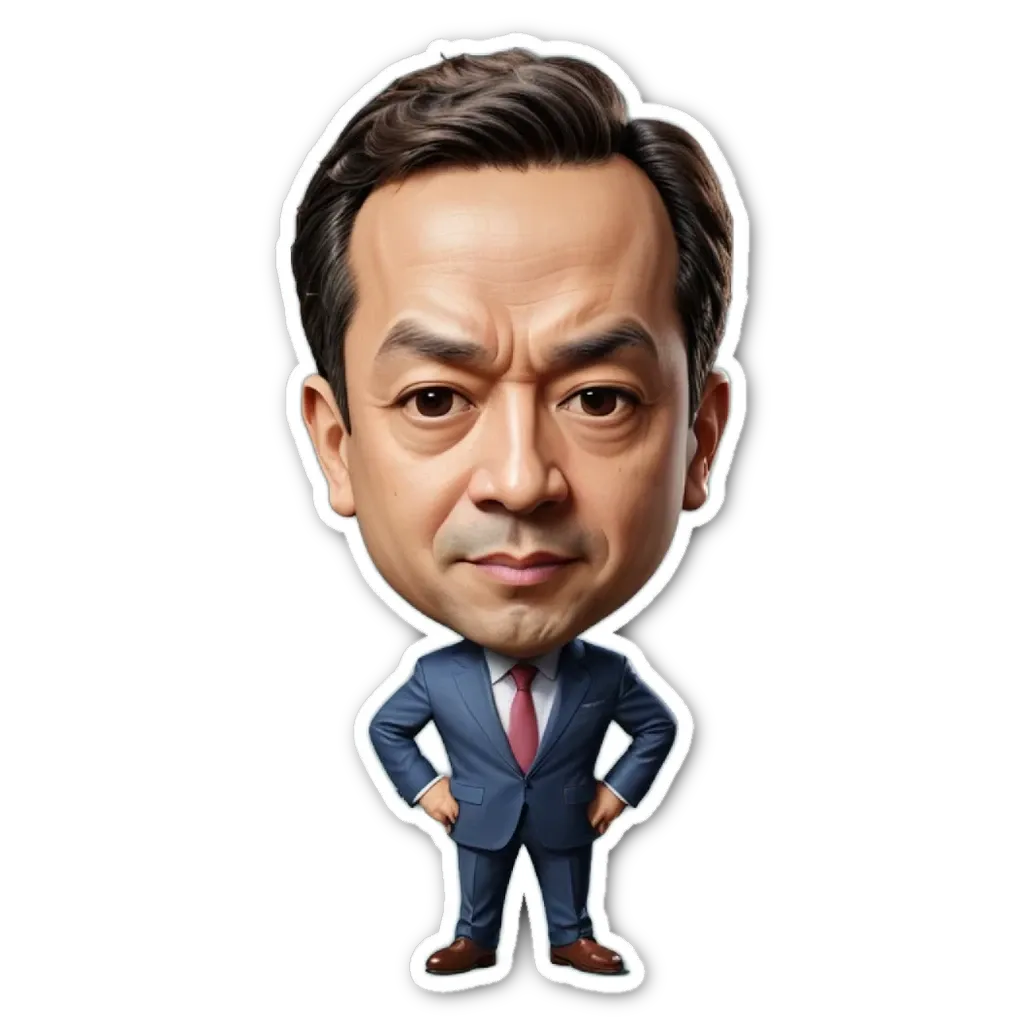 A cartoonish drawing of a man in a suit with a red tie.
