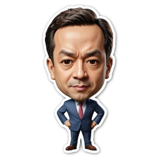 A cartoonish drawing of a man in a suit with a red tie.