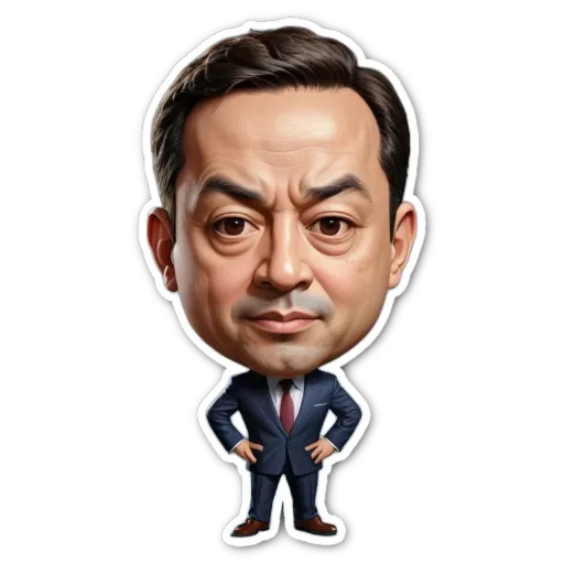 A cartoonish drawing of a man in a suit with his hands on his hips.