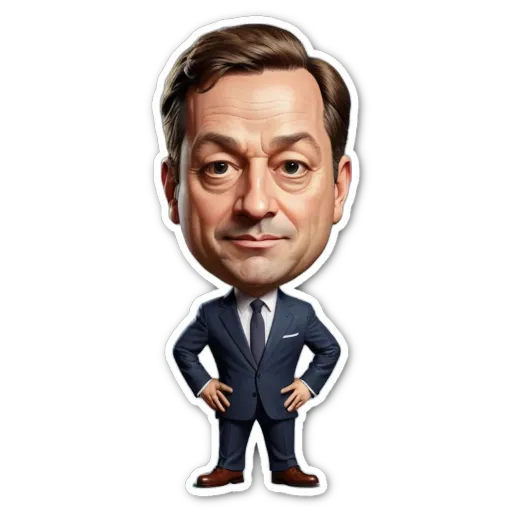 A cartoon picture of actor in a suit with his hands on his hips.