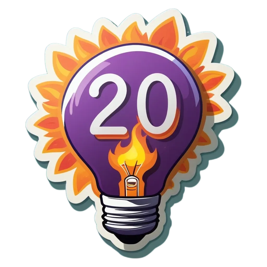 A 20 illuminated by a light bulb is surrounded by a 20 sticker.