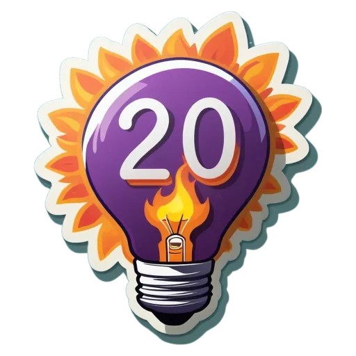 A 20 illuminated by a light bulb is surrounded by a 20 sticker.