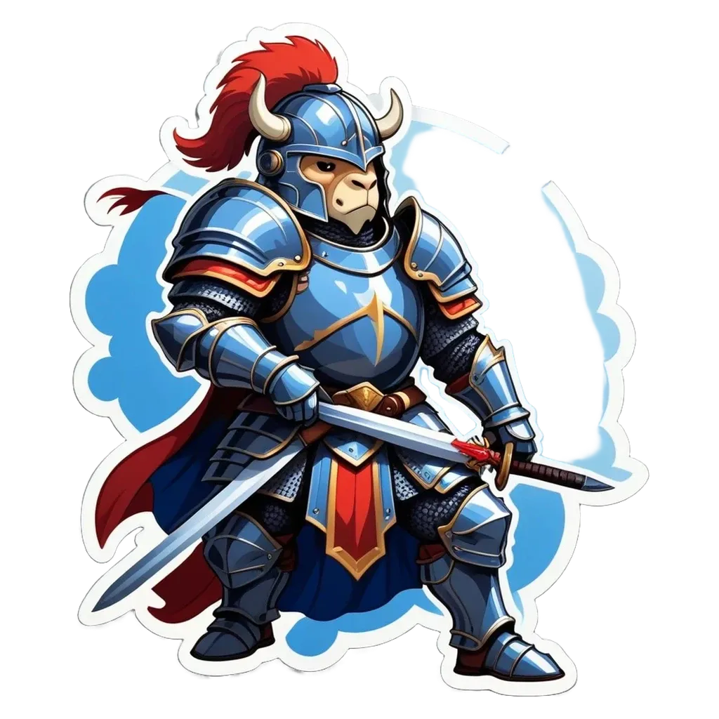 A character holding a sword that is blue and gold.