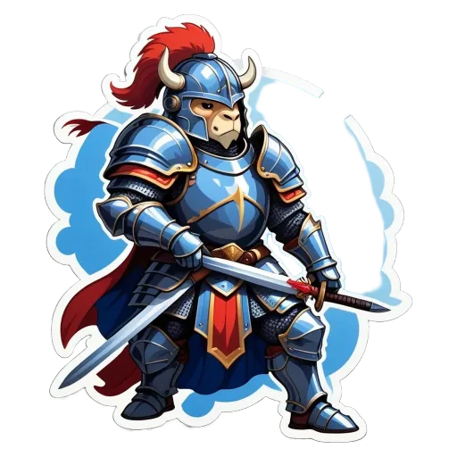 A character holding a sword that is blue and gold.