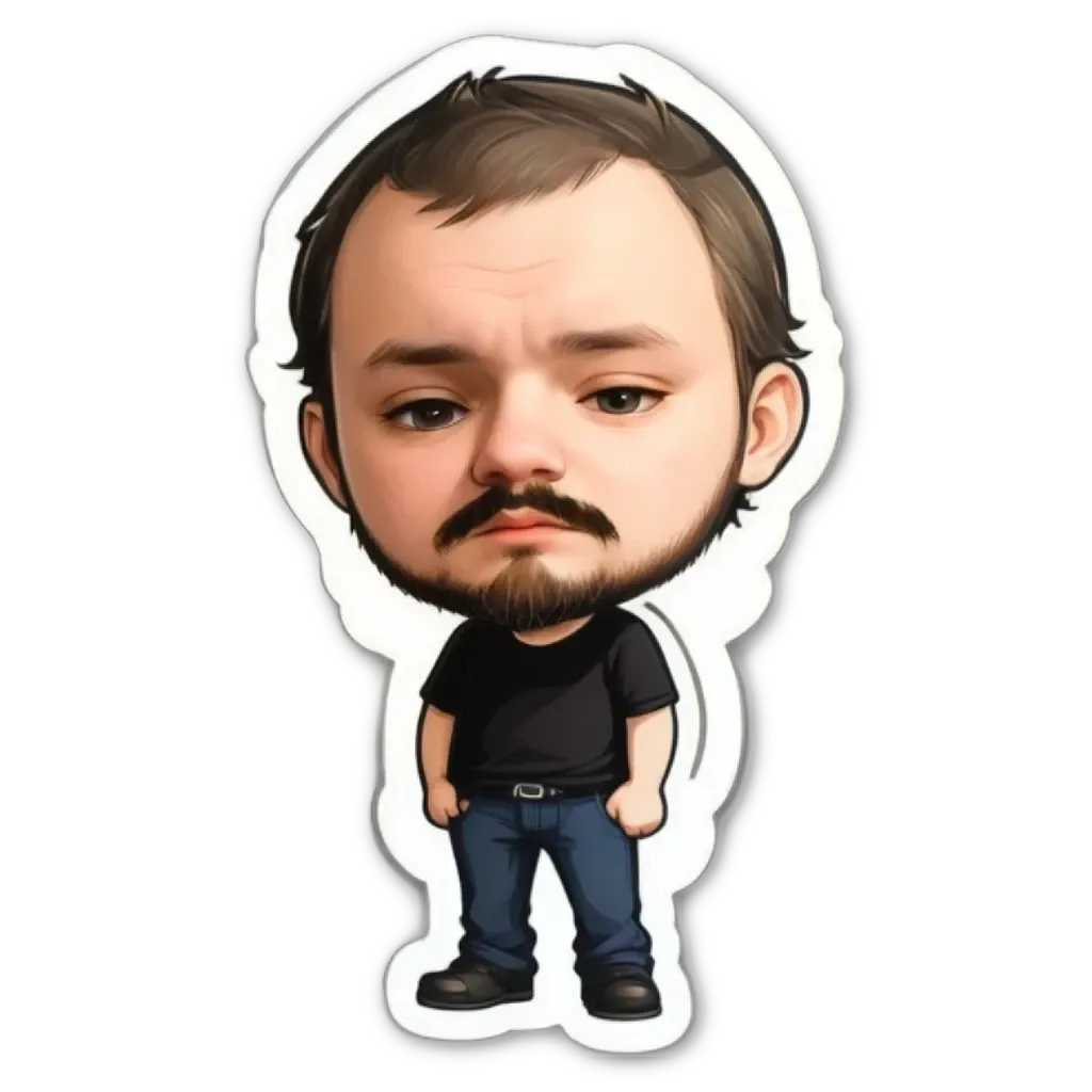 A sticker of a man with a beard and black shirt.