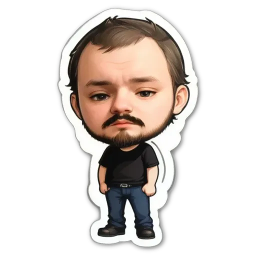 A sticker of a man with a beard and black shirt.