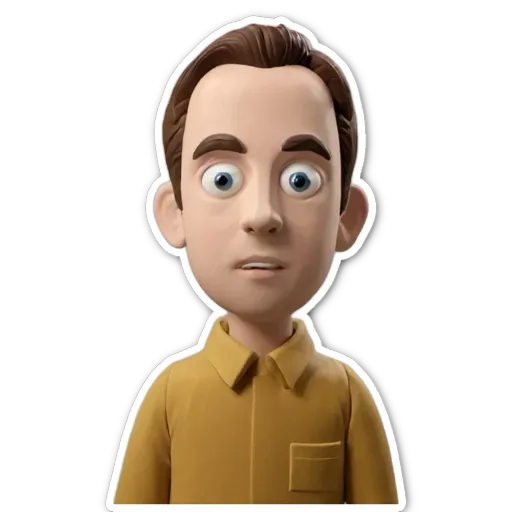 A sticker of a man with yellow shirt and blue eyes.