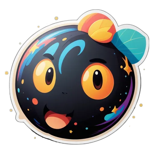 A colorful sticker of a face with big eyes and a smile.