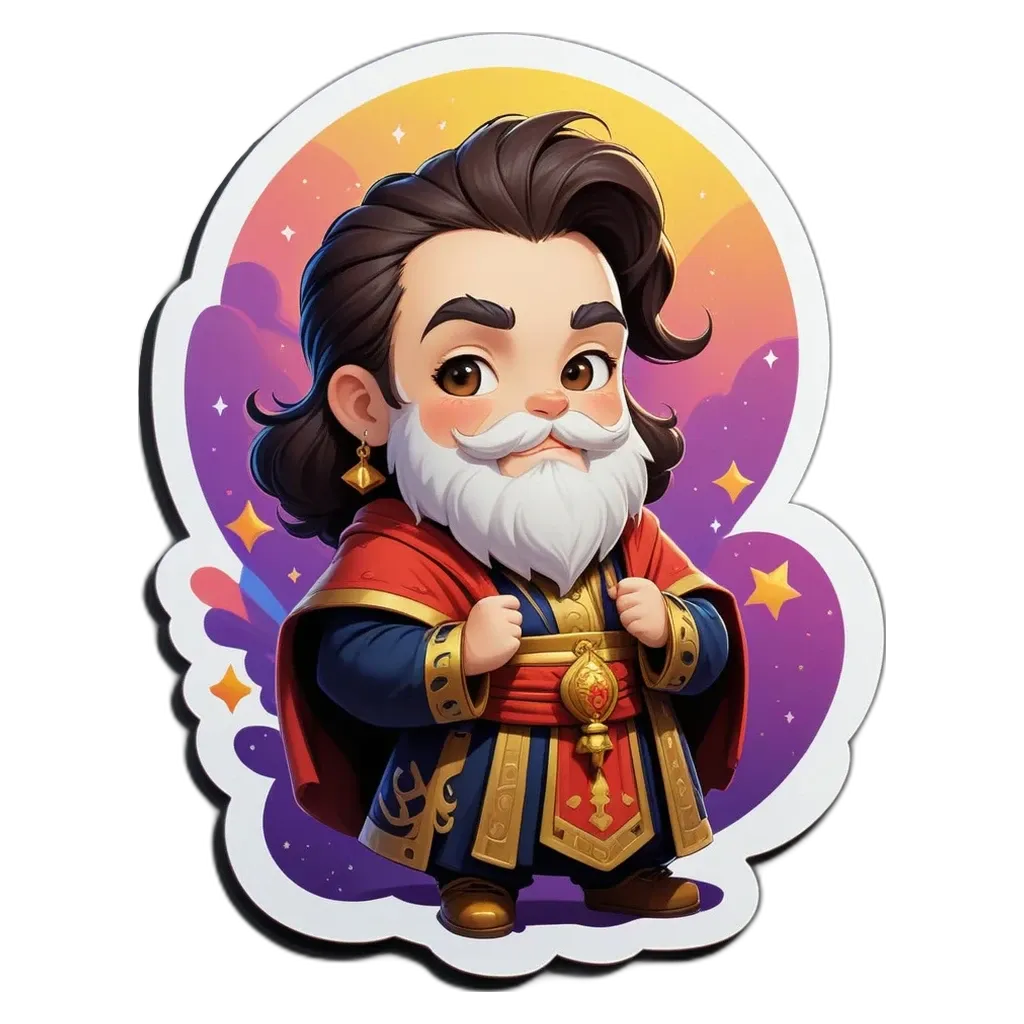 A boy is wearing a costume and has a beard.