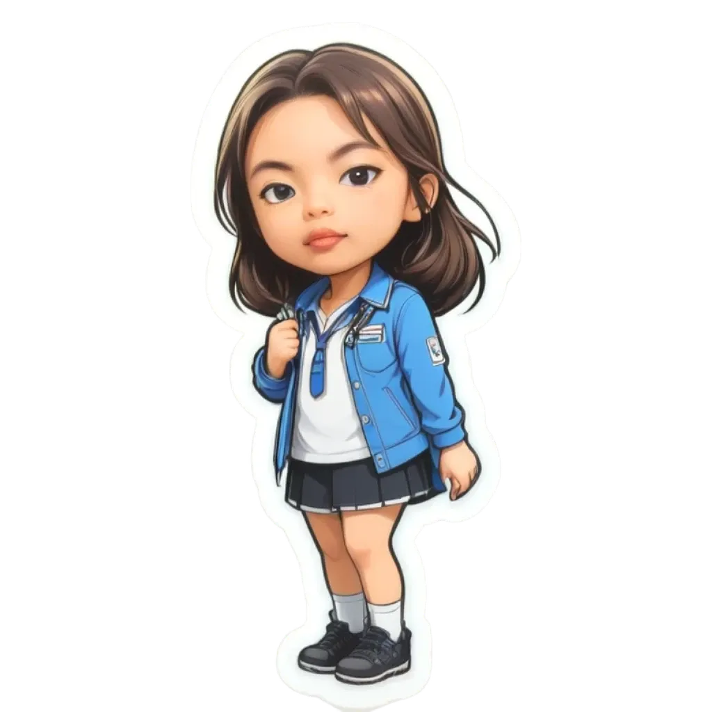 A cartoon girl standing with her hand in her school bag.