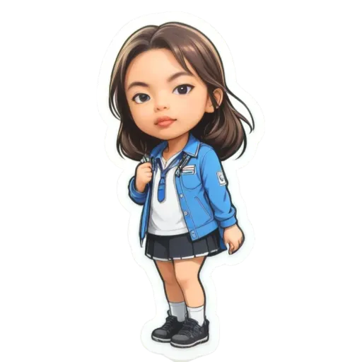A cartoon girl standing with her hand in her school bag.