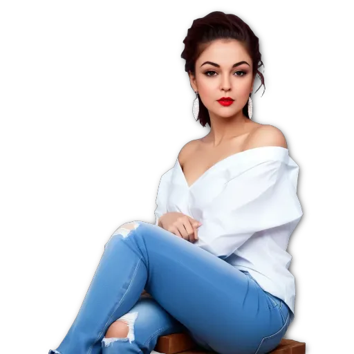 A woman with a torn shirt sits on a stool.
