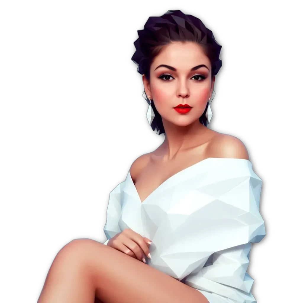 A woman with red lipstick in a white dress.