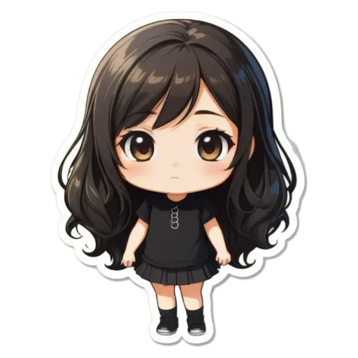 A girl with long hair and a black dress who is looking down.