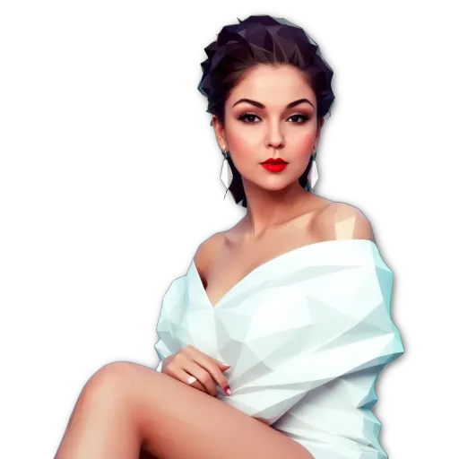 A woman with red lipstick in a white dress.