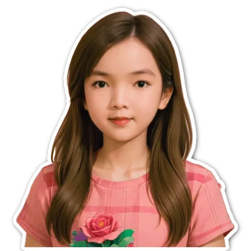 A girl with long brown hair and a pink shirt that has a rose on it.