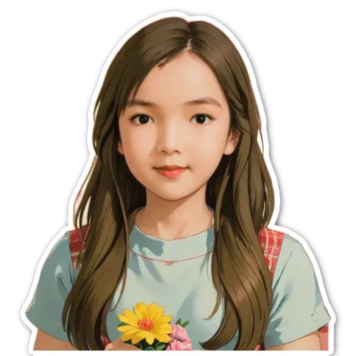 A girl holding a flower is painted in great detail.