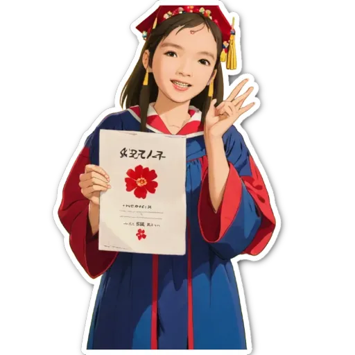 A girl wearing a blue and red dress holding a piece of paper with Asian writing on it.