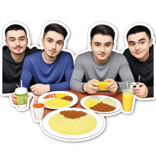 Four boys sitting at a table with food and drinks.
