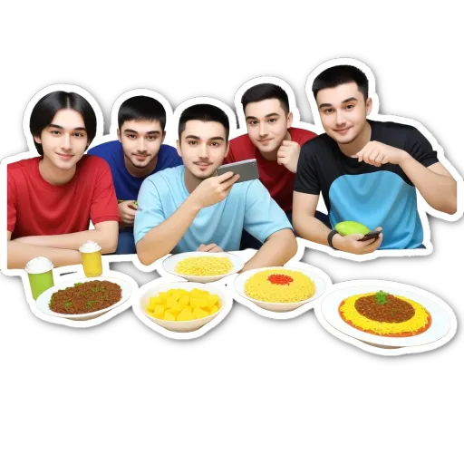 Five friends sitting together and eating food.
