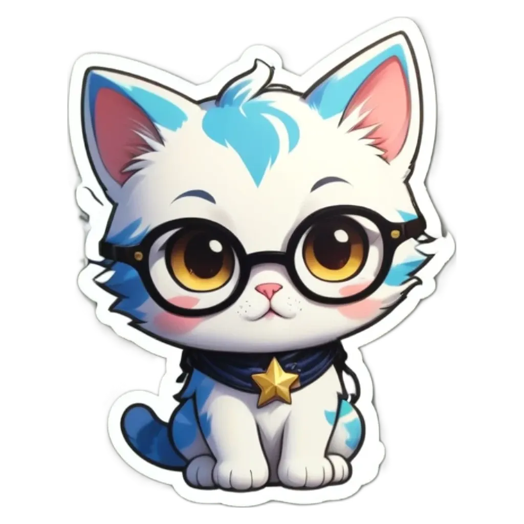 A cat wearing glasses and a star around its neck is sitting on a black and white background.