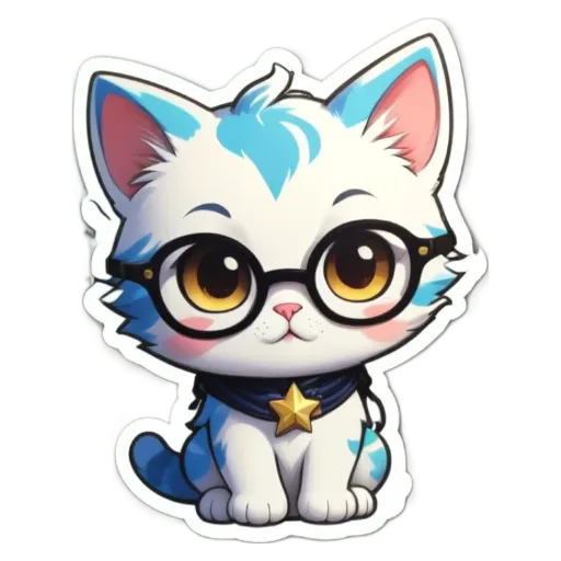 A cat wearing glasses and a star around its neck is sitting on a black and white background.