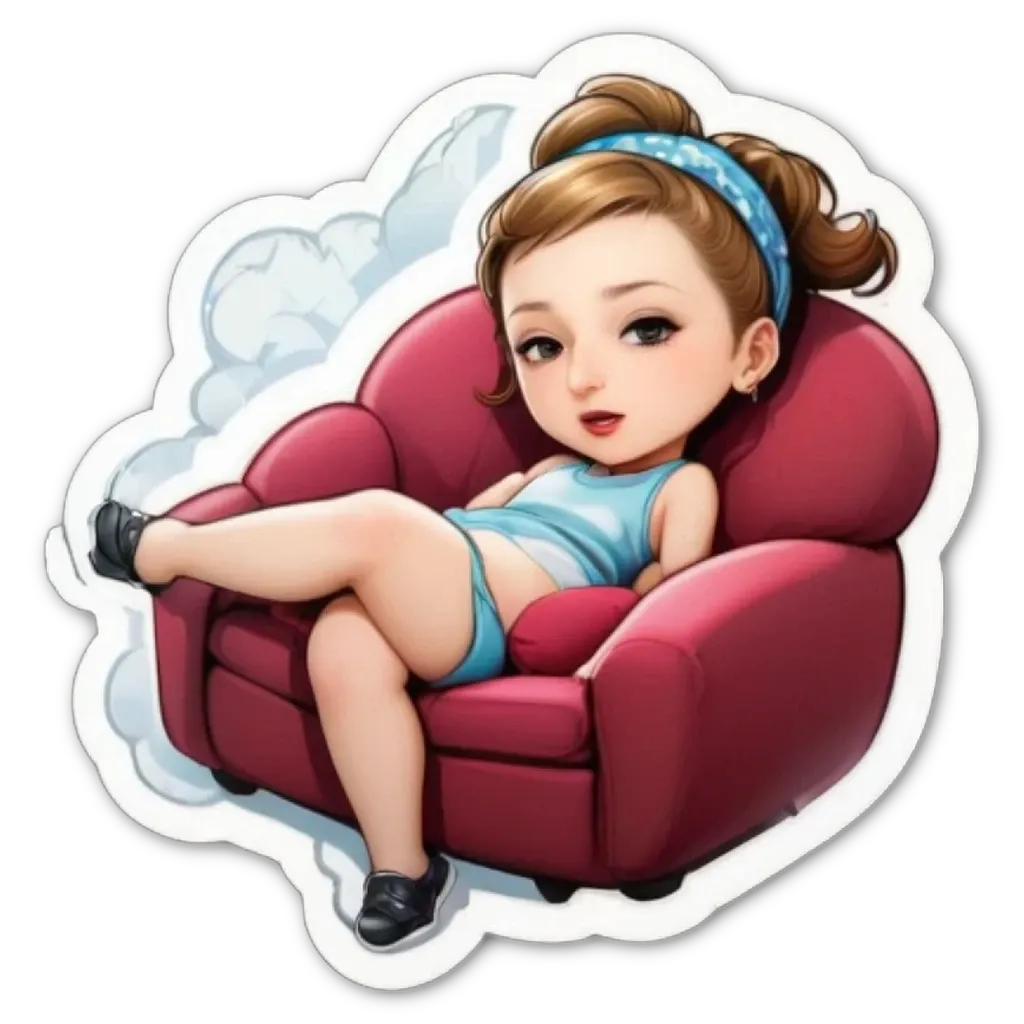 A cartoonish sticker of a girl laying on a red couch.