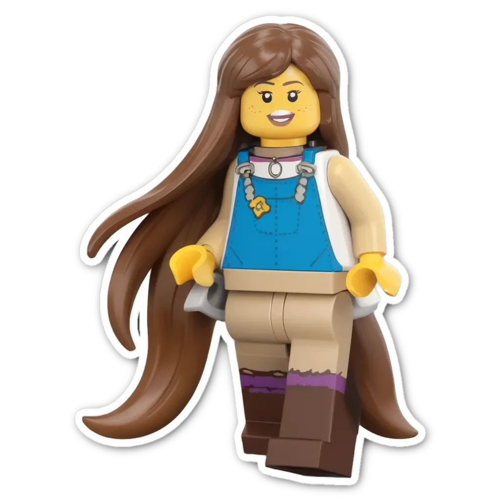 A large lego girl with long hair and a blue dress.