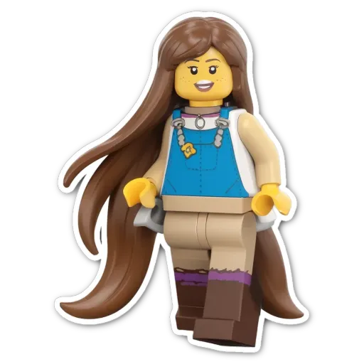 A large lego girl with long hair and a blue dress.