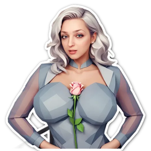 A woman with a rose is standing in front of a black background.