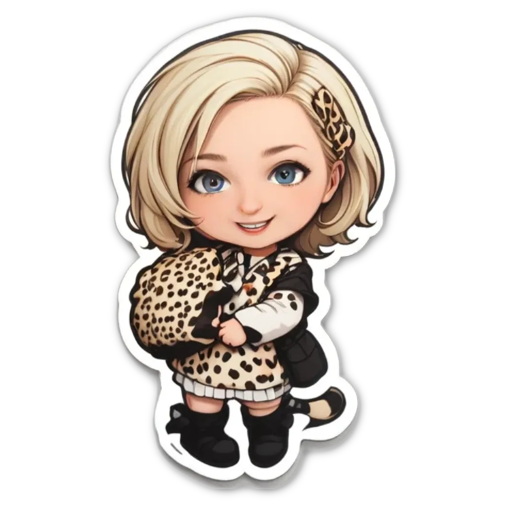 A girl with a leopard print dress holding a stuffed animal.