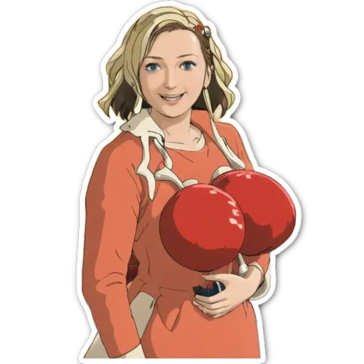 A woman with two red balls in her left breast is holding a remote.