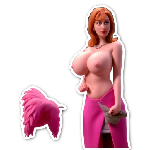 A woman with a feather in her hair is wearing a pink dress.
