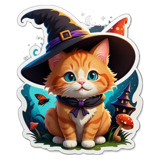 A cartoon picture of a cat in a witch's hat.