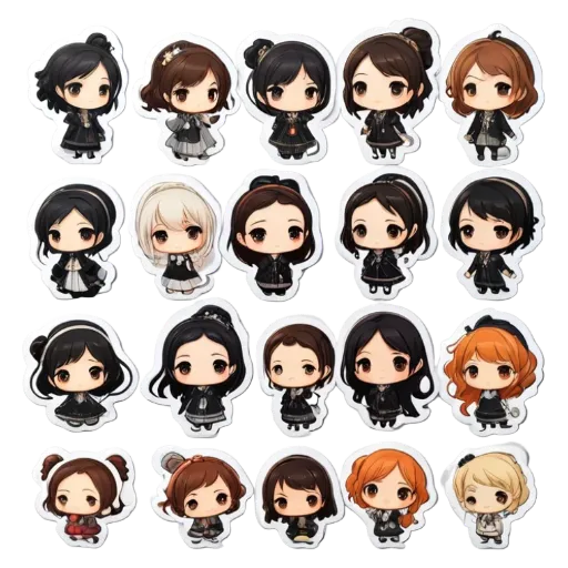 A collection of black and white anime stickers featuring women.