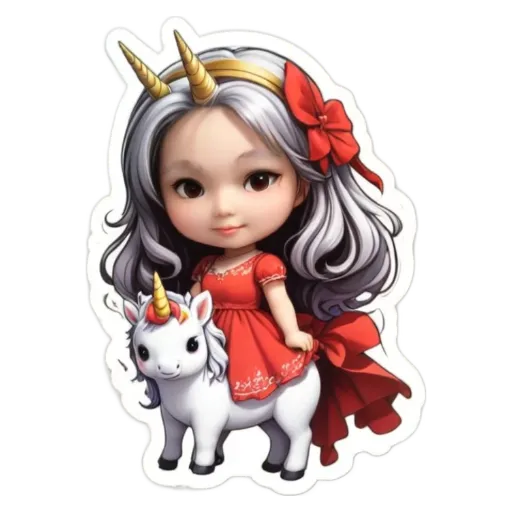A girl with a white unicorn on her head and red dress.