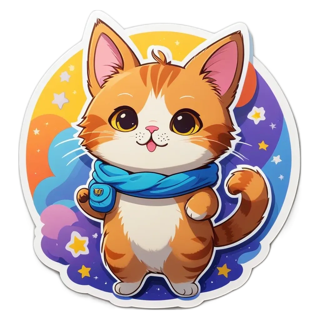 A cartoon cat wearing a blue scarf standing in front of a background of stars.
