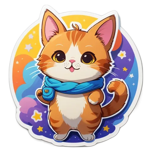 A cartoon cat wearing a blue scarf standing in front of a background of stars.