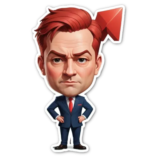 A man wearing a blue suit and red tie with a red triangle for a head.