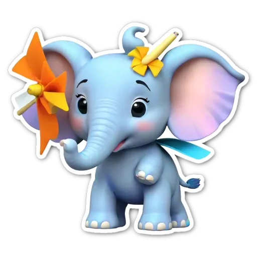 A elephant with a bow and holding a pinwheel.
