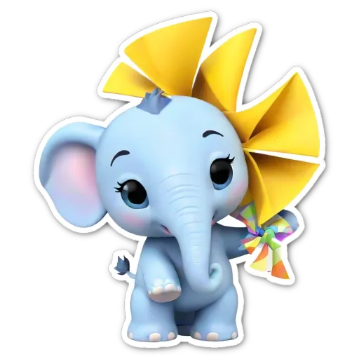A elephant with a yellow bow in its ear holding a rainbow colored ribbon.