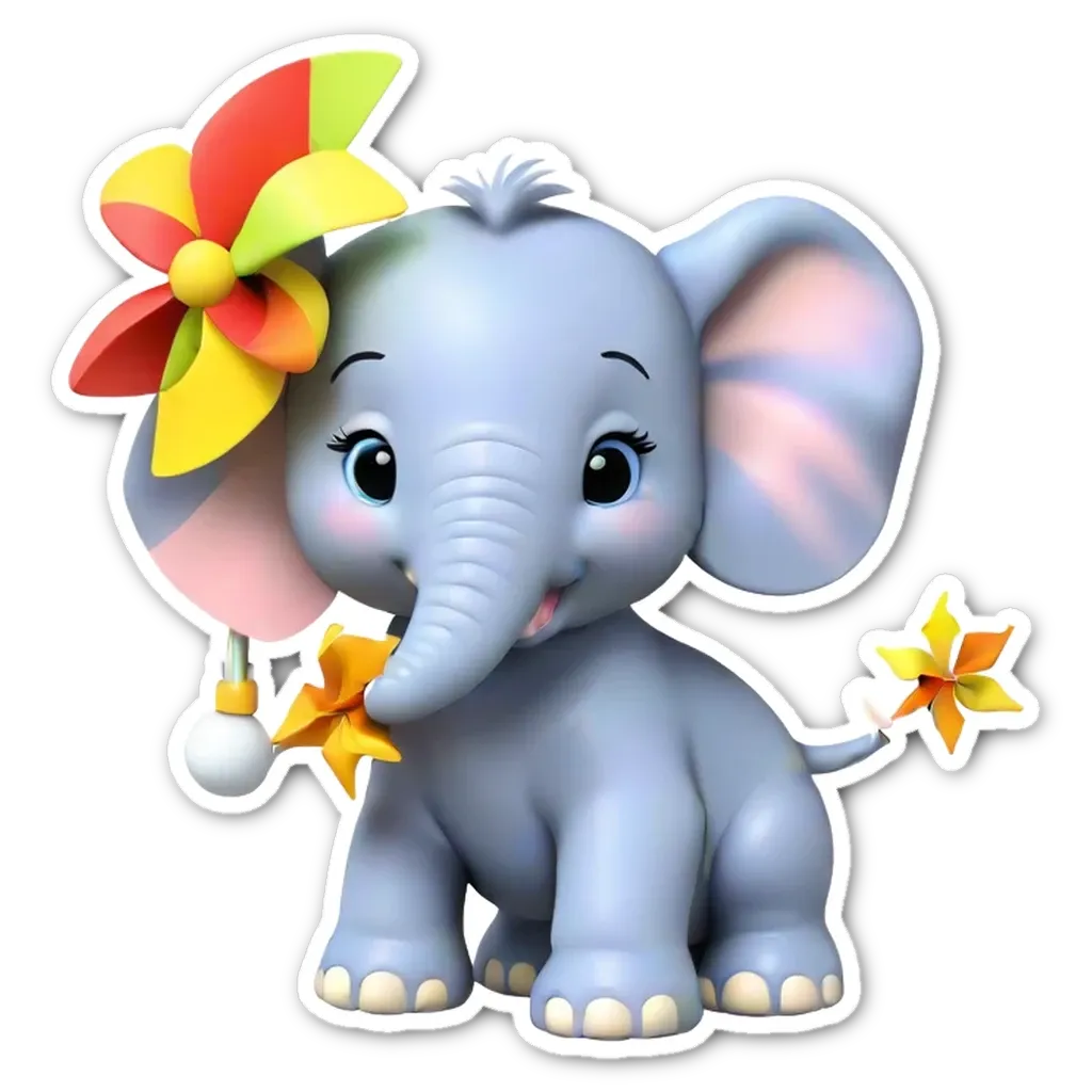 A elephant with a flower on its head is holding a windmill in its trunk.