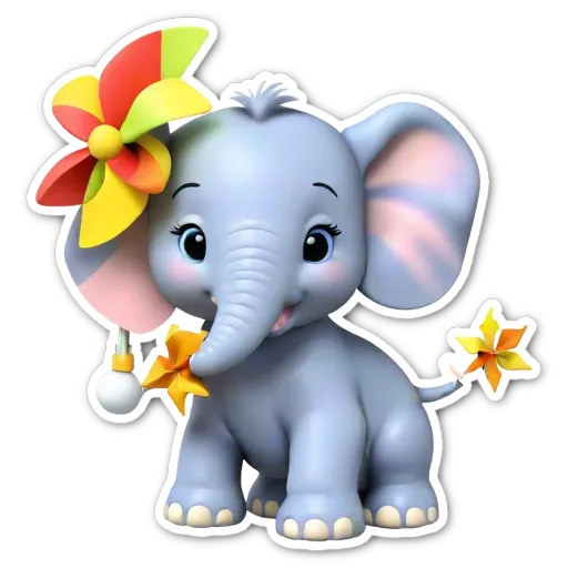 A elephant with a flower on its head is holding a windmill in its trunk.